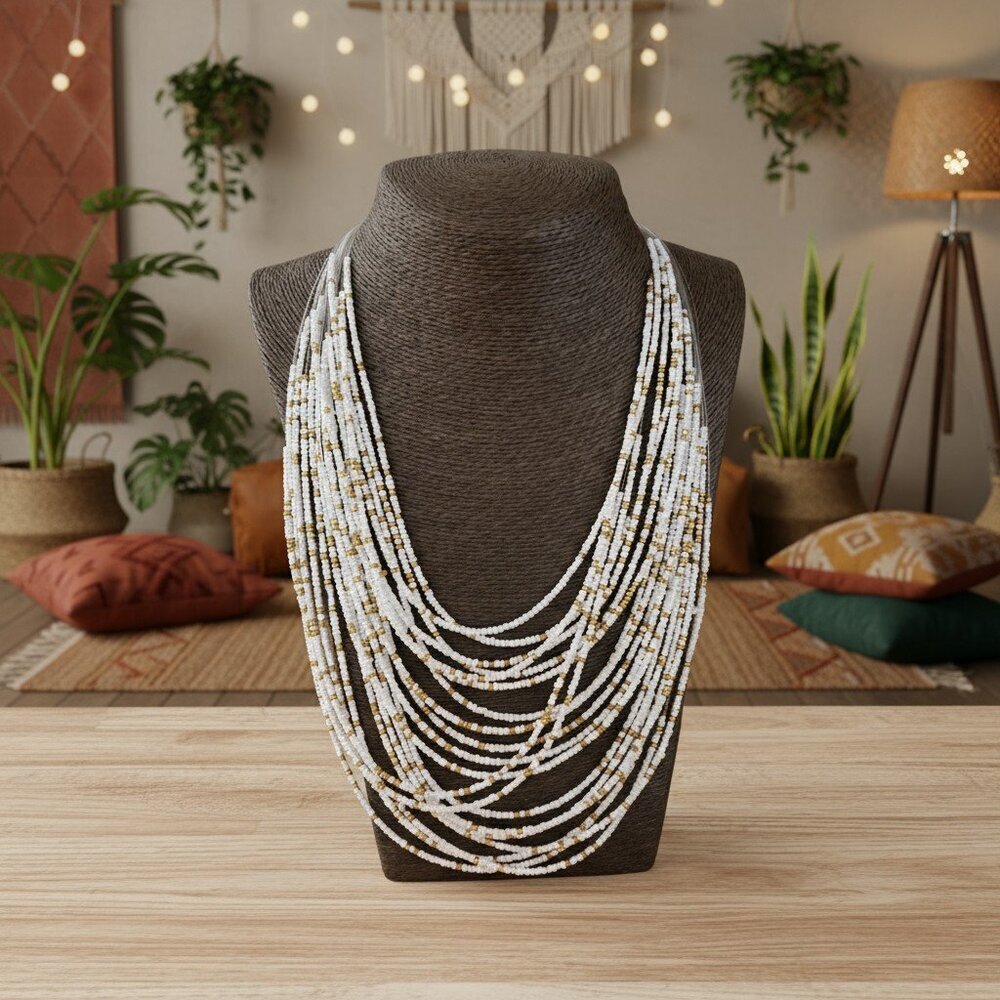 Layered Beaded Necklace White Gold Boho Chic Vacation Statement Piece